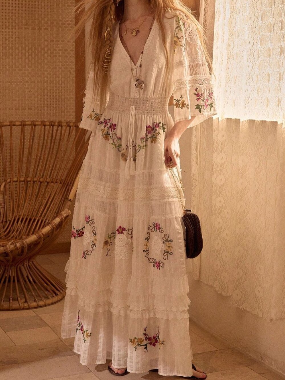 Beige Boho Women's Embroidered Patchwork Long Vacation Dress